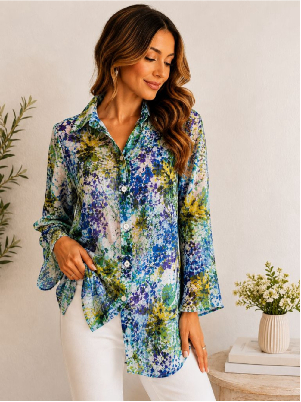 Chico’s Blue Green Burnout Sheer Button Front Blouse Art To Wear Top Size 1 (M/L